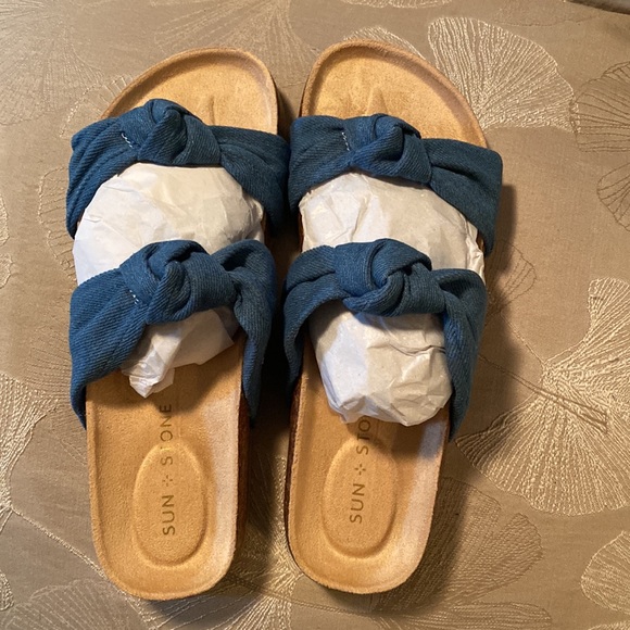 Sun + Stone Denim Sandals 8M women’s slides “Astridd” Denim - Picture 3 of 11